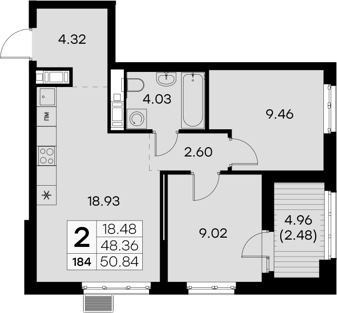 2-комнатная квартира 50.84 м², 7/7 эт., ЖК «Glorax City Балтийская»